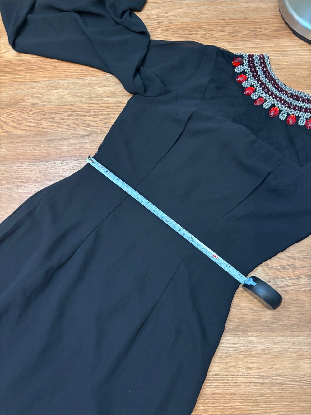 Elegant black long bell sleeve maxi dress with jeweled neckline. Size S. - Picture 16 of 17